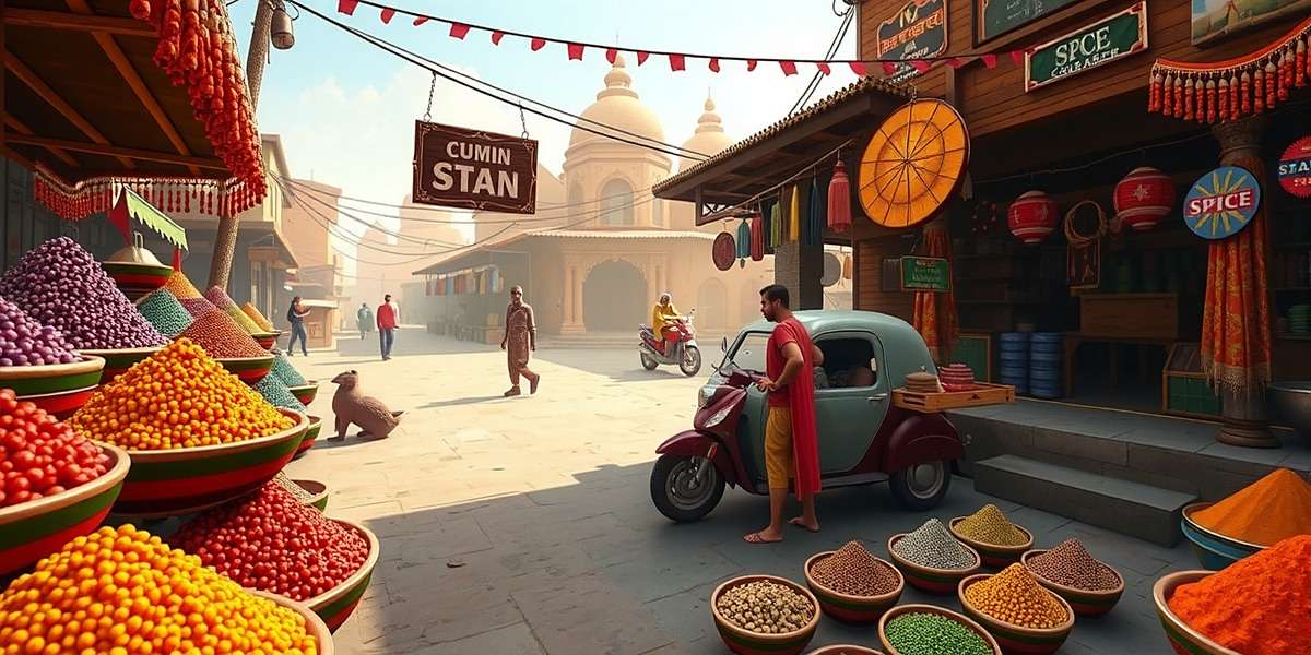 Cumin Titan Gameplay - Indian Spice Market Cumin Titan game screenshot showing vibrant Indian spice market with various spices and traders